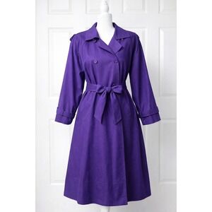 I. Magnin Vintage Women's 12 Purple Trench Coat 80s 90s‎ Belted Swing Long Lined